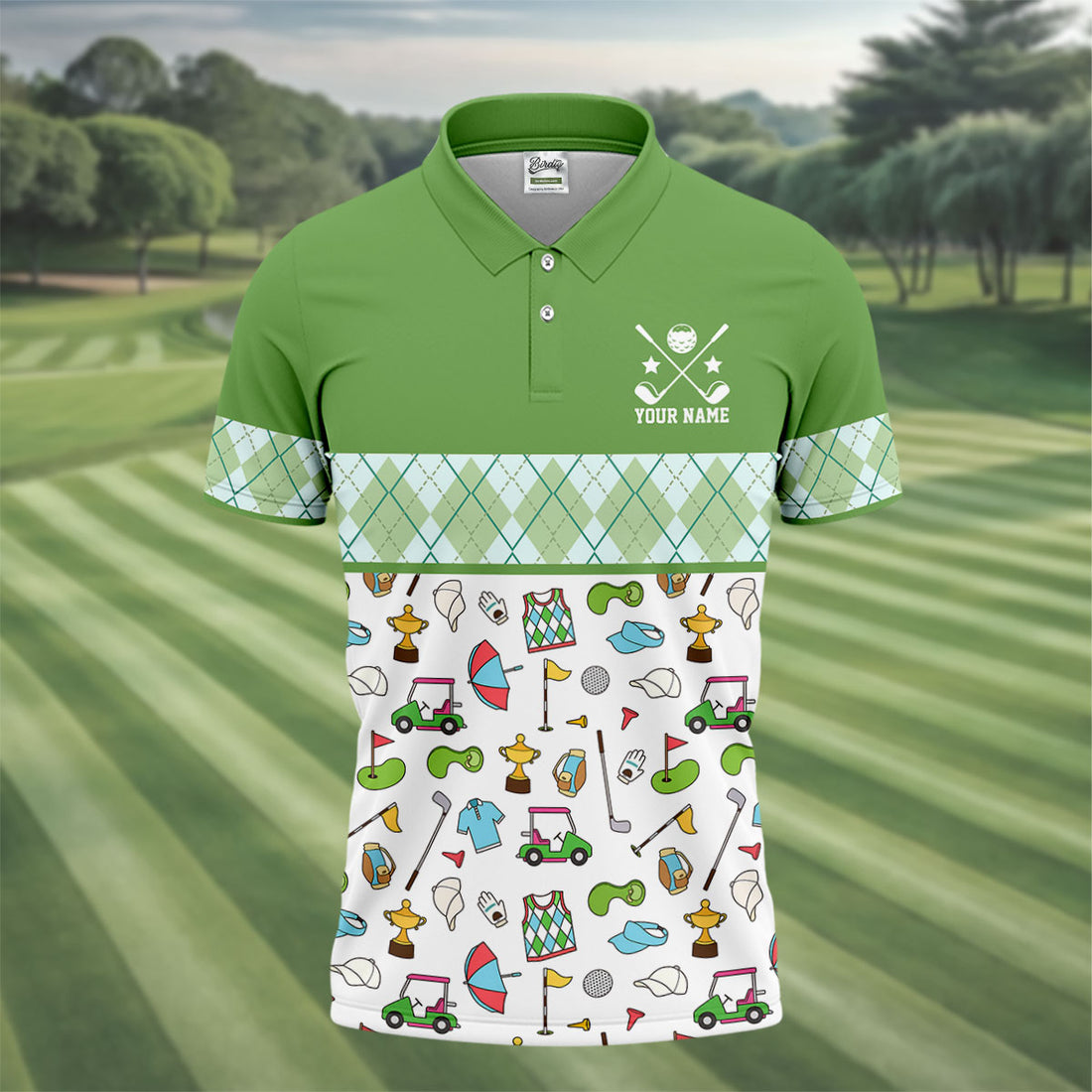Custom Name Green Argyle Golf Icons Pattern Golf Shirt, Mens Golf Polo, Golf Shirts For Men, Printed Golf Shirts