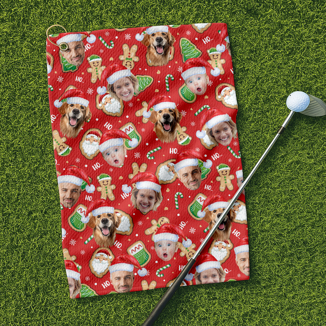 Custom Face Ho... Gingerbread Pattern Red Golf Towel, Christmas Golf Gift, Golf Gift Idea