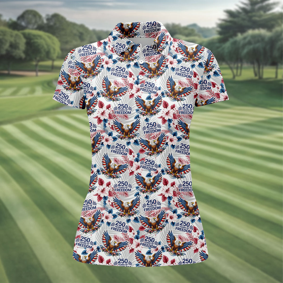 250 Years Of Freedom US Bald Eagle Tropical Theme Ladies Golf Shirts, Patriotic 4th Of July Golf Shirt For Women
