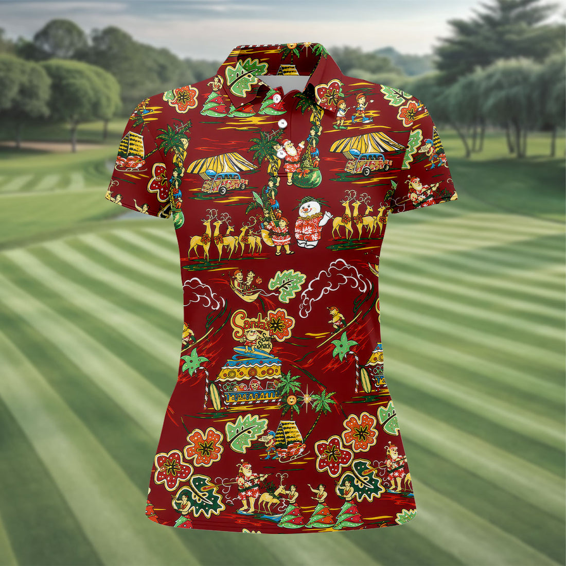 Women's Tropical Santa Surf Shack Golf Shirt, Christmas Golf Shirt, Women’s Golf Apparel