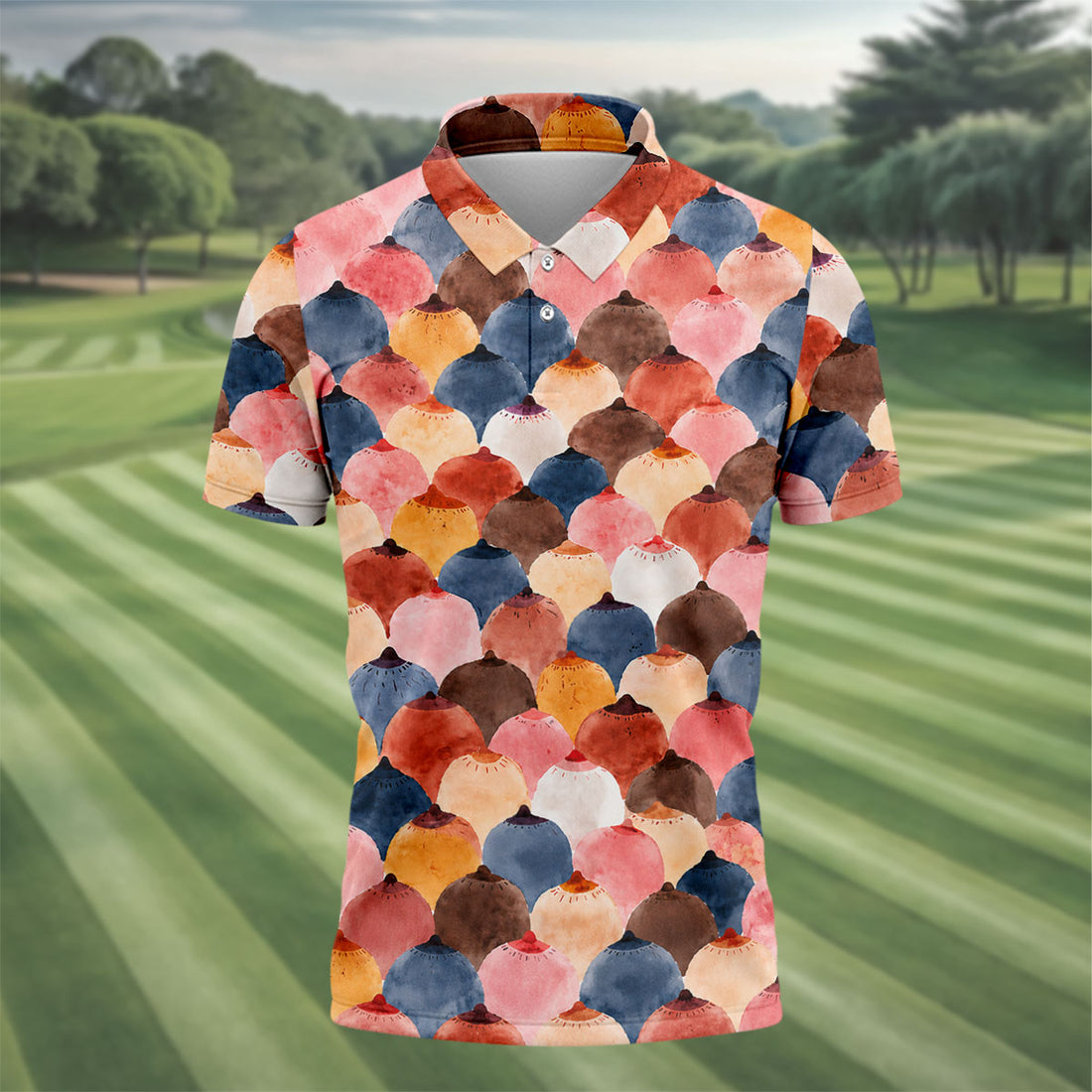 Colorful Watercolor Shell Pattern Golf Shirt, Golf Shirts For Men, Men's Golf Shirt, Polo Shirts For Men