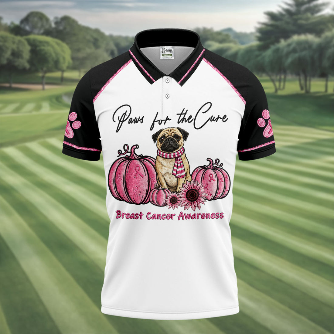 Paws For The Cure Pug Breast Cancer Polo Shirt, Men's Golf Shirt, Mens Golf Apparel