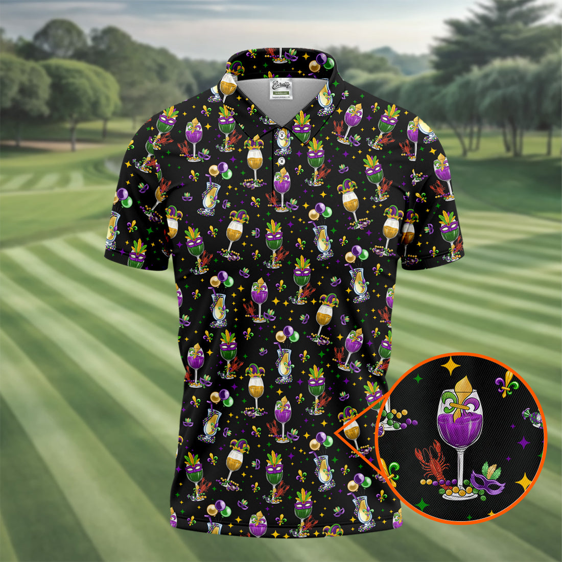 Mardi Gras Wine Glass Beaded Garland Fleur De Lis Black Golf Shirt, Polo Shirts For Men, Golf Shirts For Men