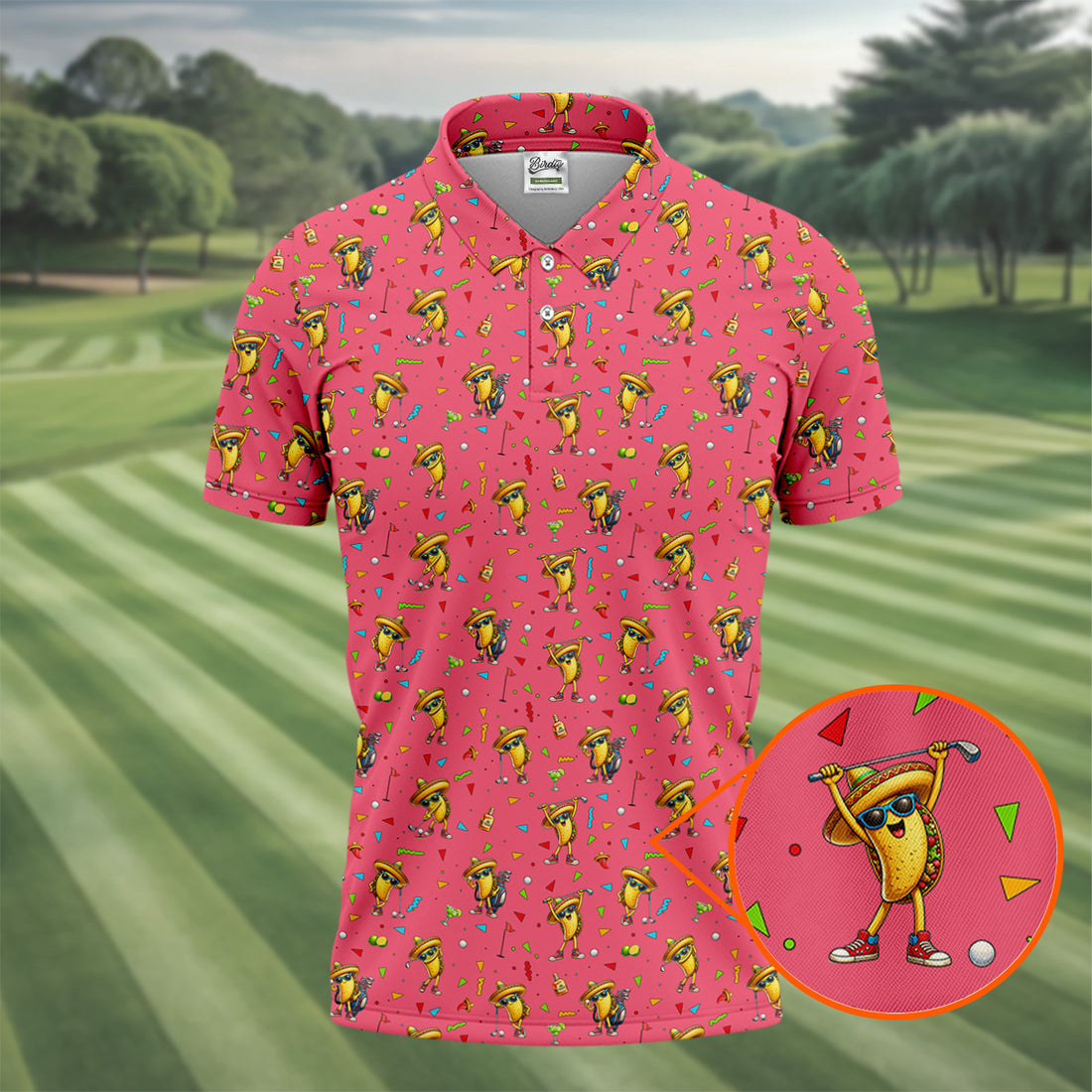 Fairway Fiesta Taco Margarita Mexico Theme Pink Golf Shirt, Men's Golf Shirts, Polo Shirts For Men