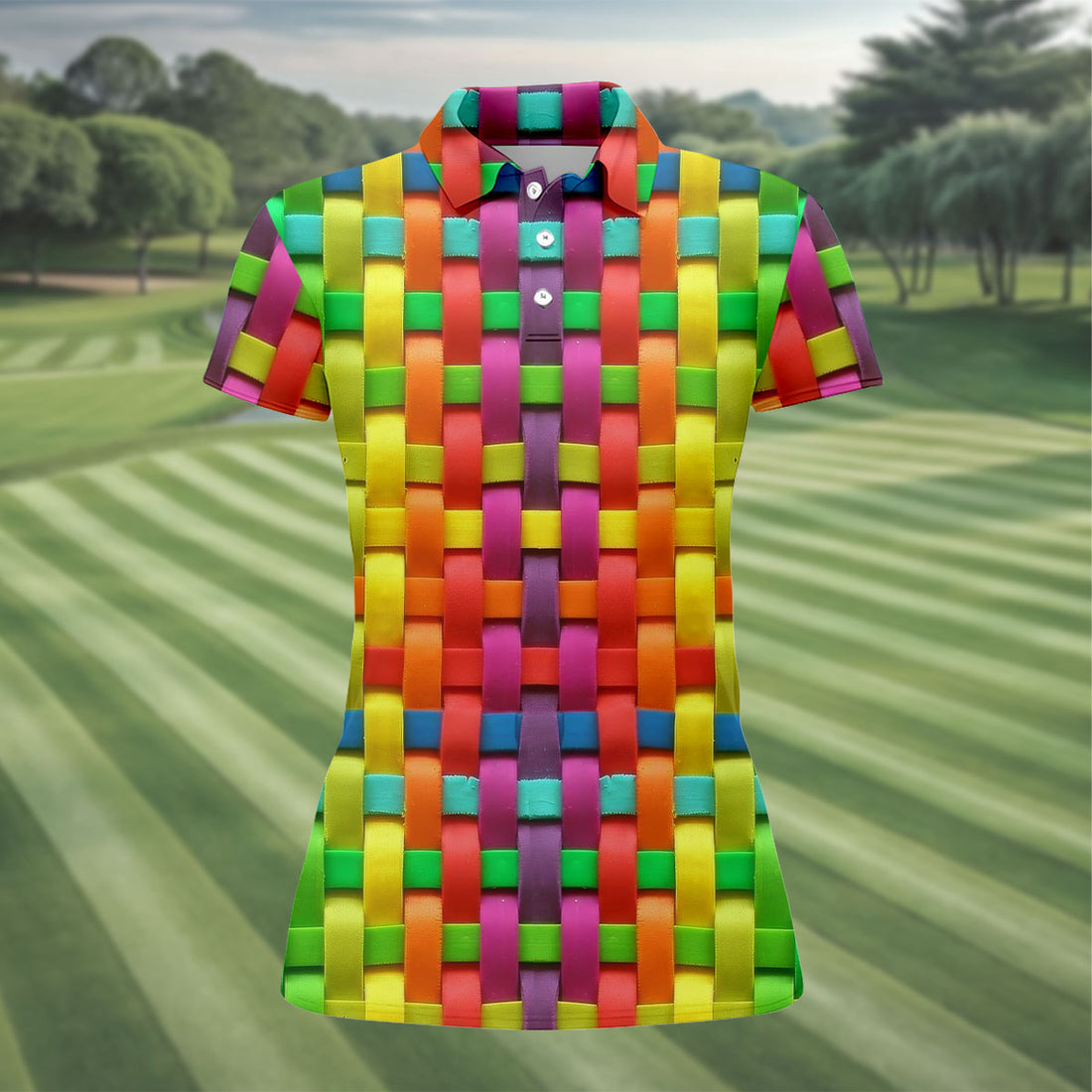 Colorful Interlaced Ribbon Pattern Hawaiian Golf Polo, Golf Tops For Women, Golfing Apparel