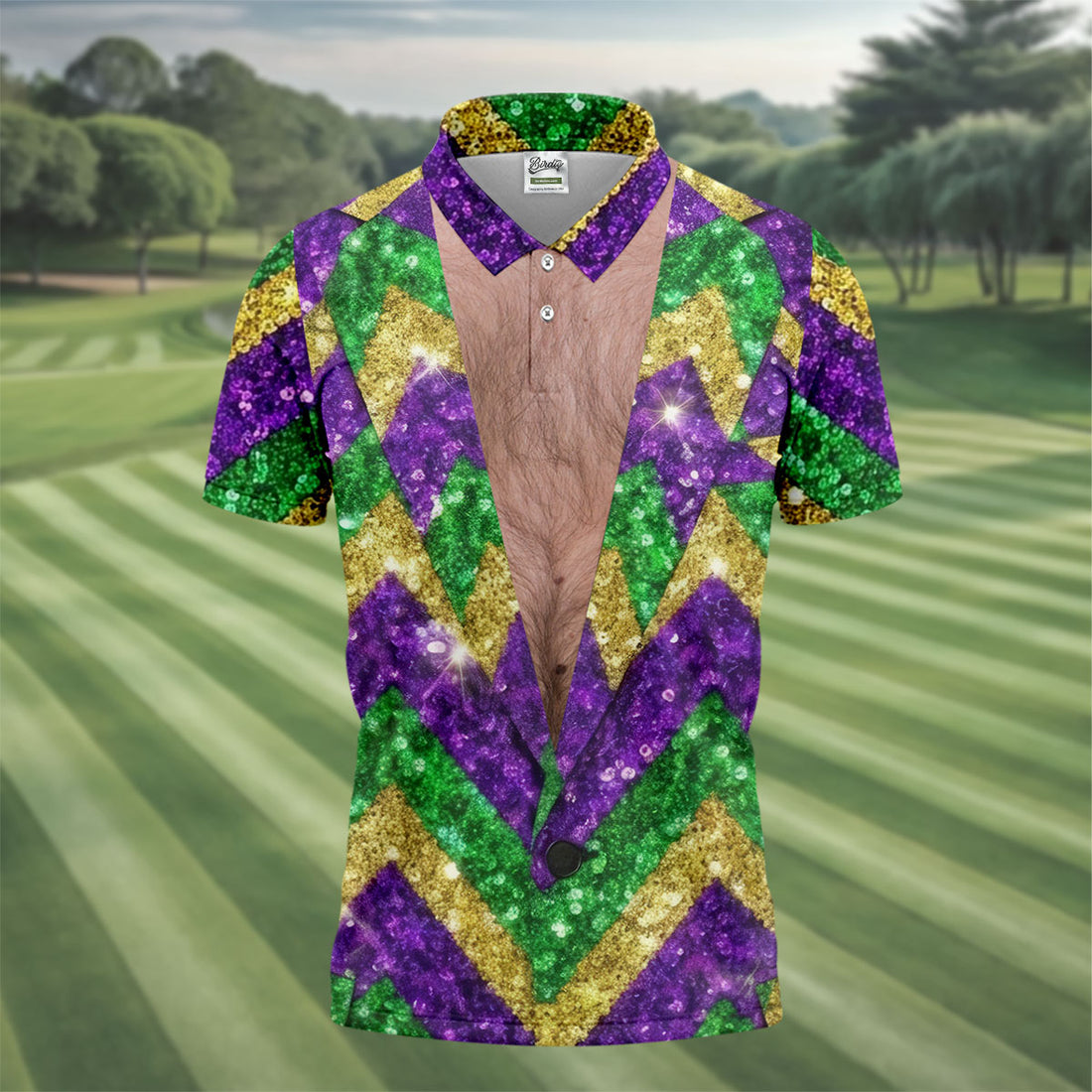 Mardi Gras Purple Green Gold Printed Sequin Zigzag Pattern Golf Shirts For Men, Men's Funny Golf Shirts