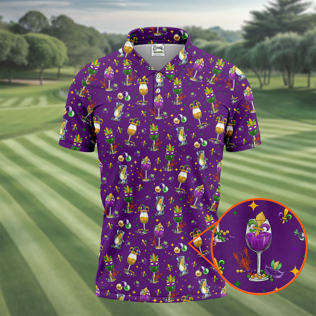 Mardi Gras Wine Glass Beaded Garland Fleur De Lis Purple Golf Shirt, Polo Shirts For Men, Golf Shirts For Men