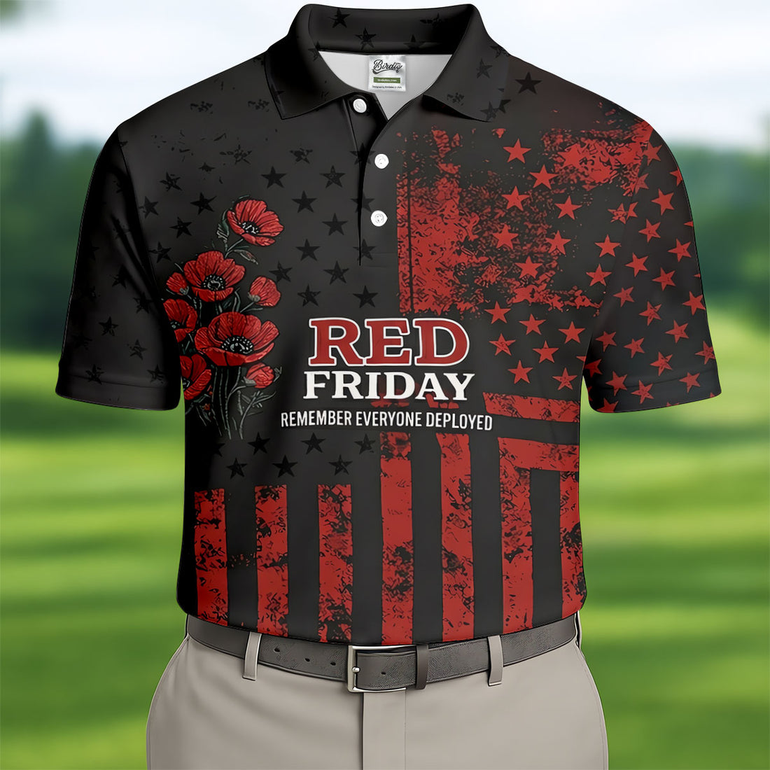 Red Friday American Flag Poppy Polo Shirt, Mens Golf Apparel, Printed Golf Shirts