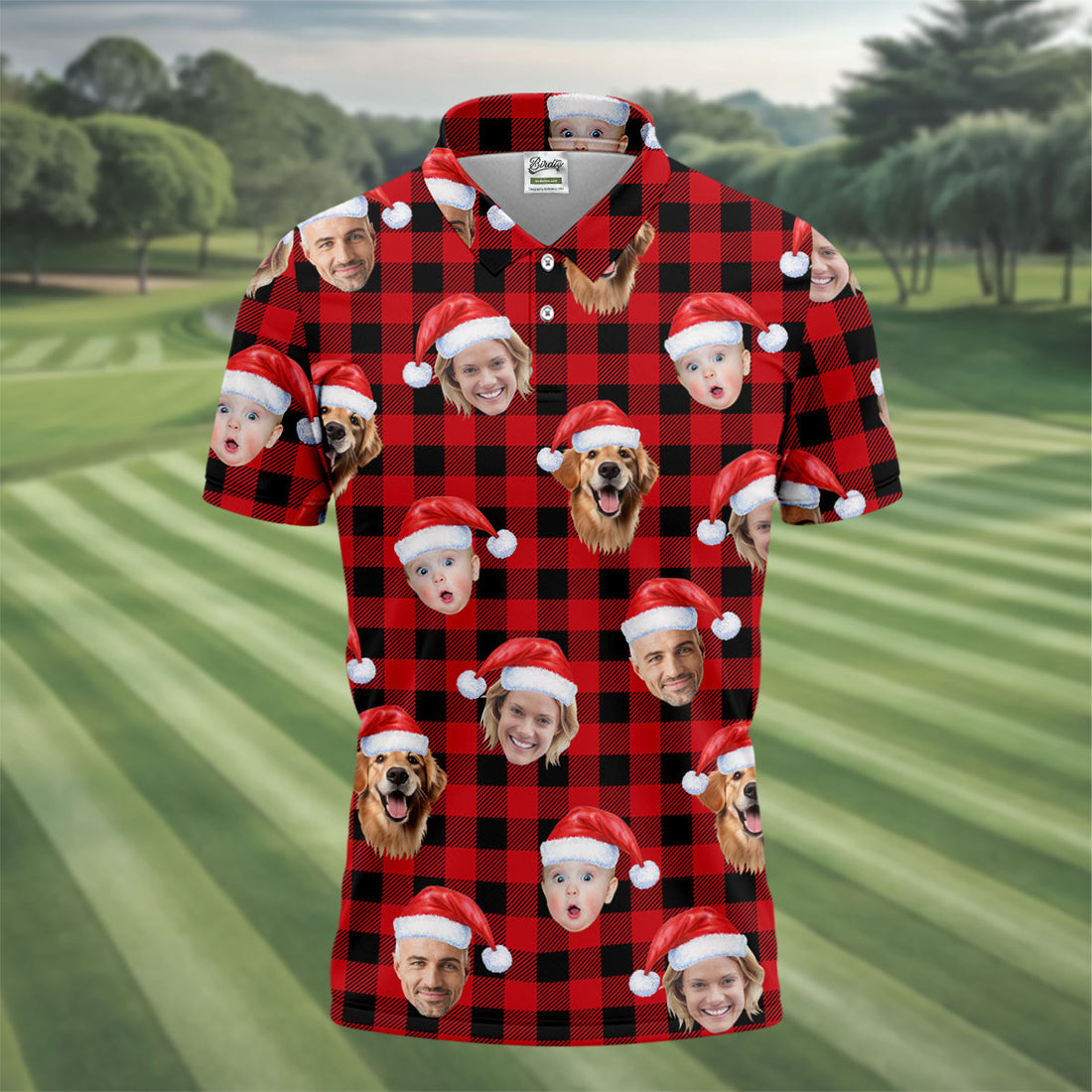 Custom Face Black And Red Checkered Christmas Golf Shirt, Golf Gift For Men, Golf Shirts For Men