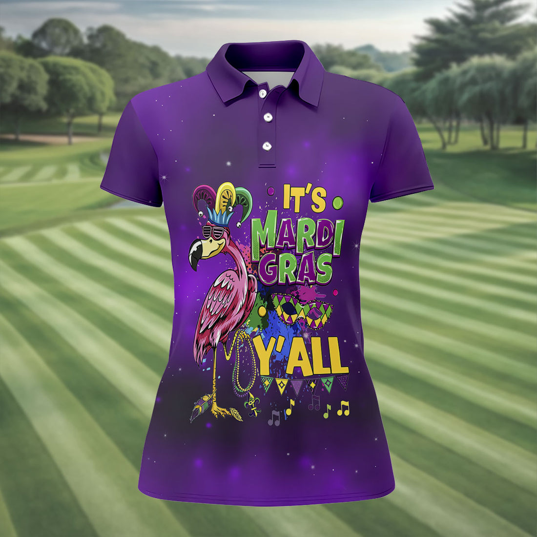 It's Mardi Gras Y'All Funny Flamingo Purple Golf Shirt, Women's Golf Tops, Ladies Golf Shirt