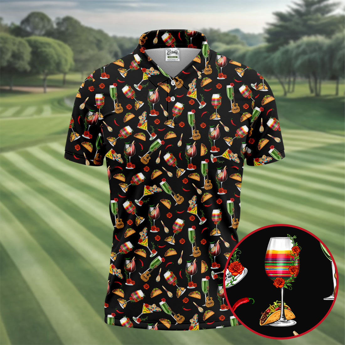 Traditional Mexican Taco And Wine Golf Tops For Men, Cinco De Mayo Celebration Golf Shirts For Men