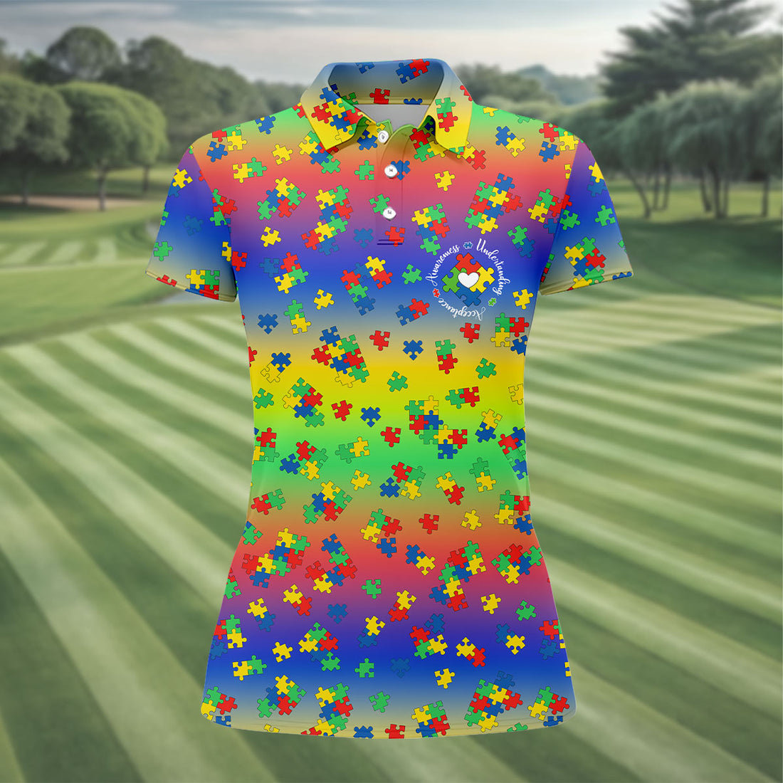 Acceptance Awareness Understanding Autism Puzzle Rainbow Gradient Women's Golf Shirts, Ladies Golf Polos