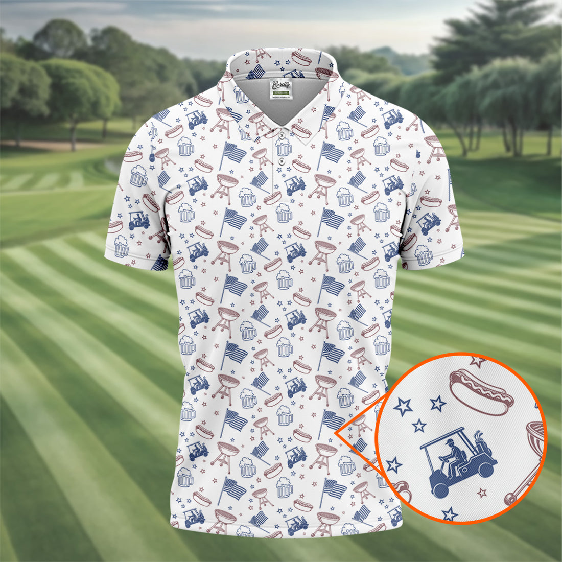 Red White Blue American BBQ Golf And Beer 4th Of July Golf Shirts For Men, 250th Anniversary Patriotic Golf Shirt
