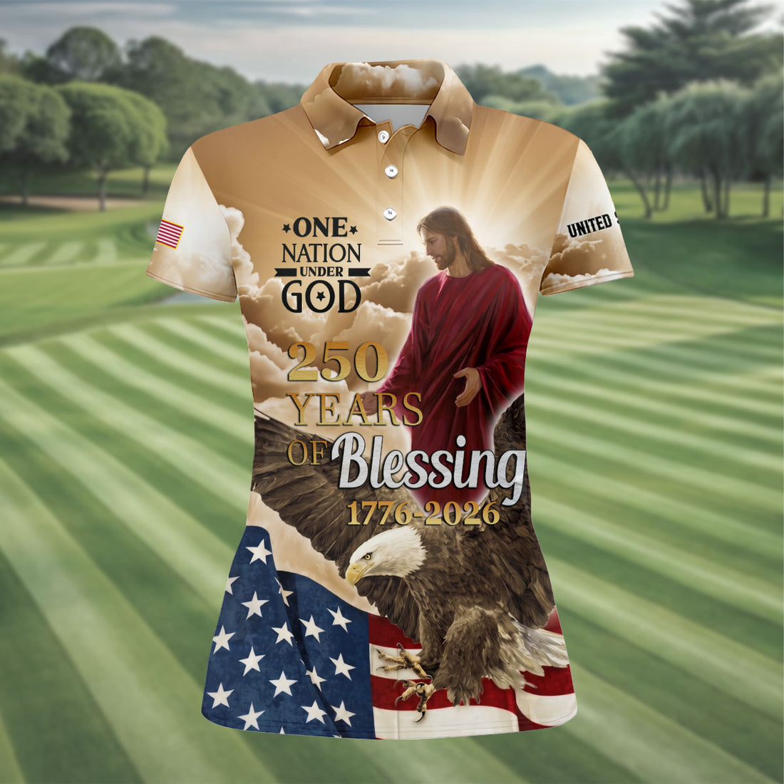 One Nation Under God Women's 250 Years USA Patriotic Golf Shirt, 4th of July Golf Shirt