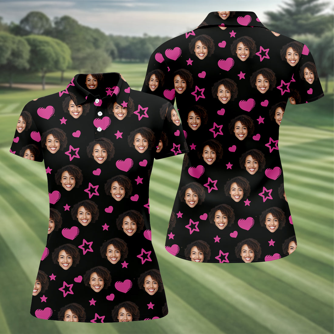 Custom Face Heart And Star Black Golf Shirt, Valentines Golf Gift, Golf Shirt For Women, Ladies Golf Polos