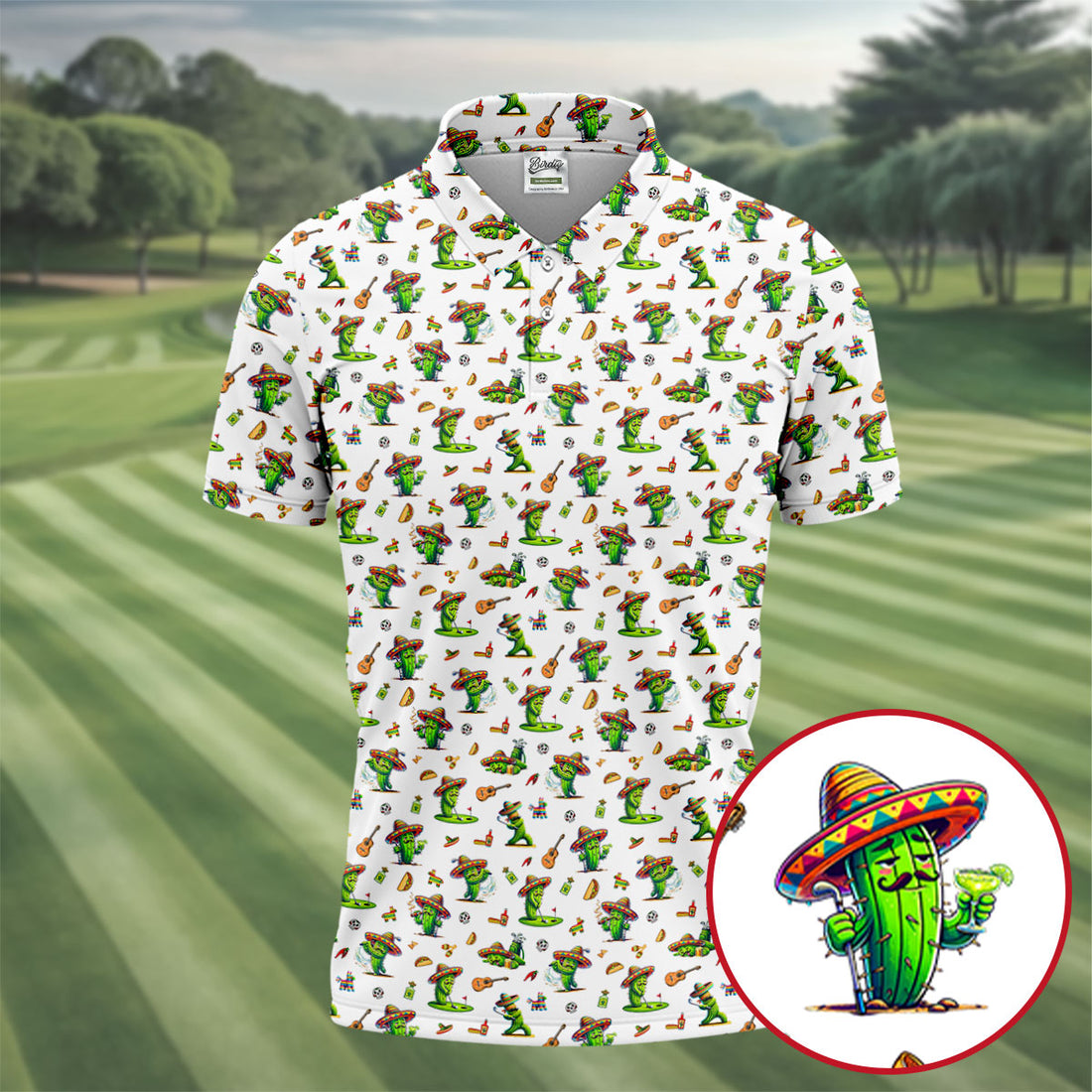 Cartoon Mustach Funny Cactus Cinco De Mayo Celebration Fiesta Themed White Golf Shirts For Men
