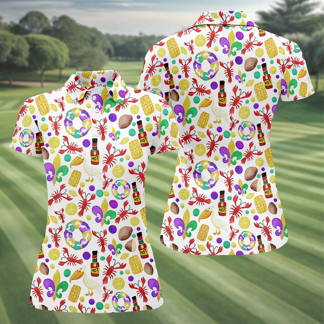 Fleur De Lis Flower White Pelican Lobster Hot Sauce Mardi Gras Golf Shirt, Women Golf Top, Ladies Golf Polos