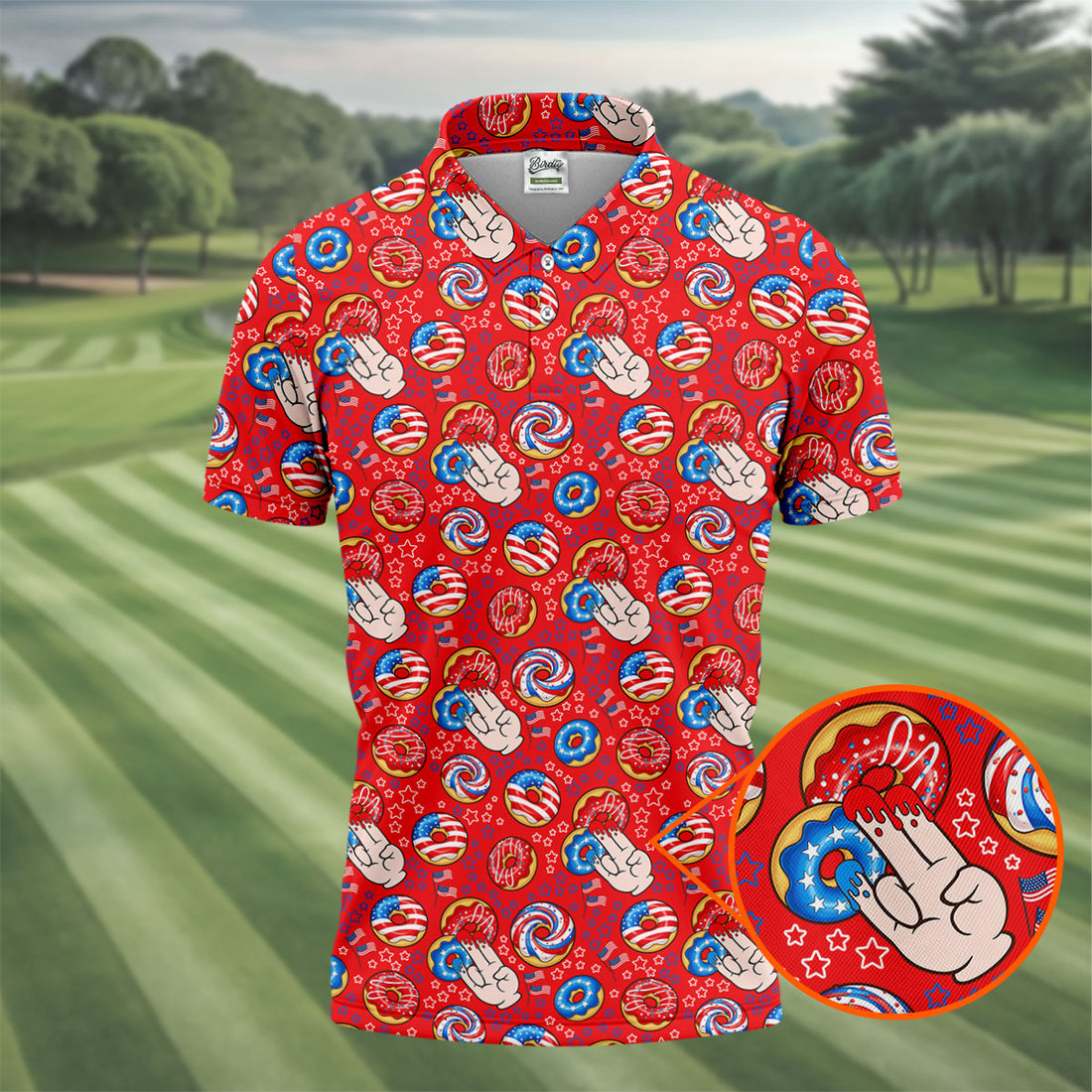 Donut Finger Funny Dirty American Flag Pattern Red Golf Shirts For Men, 250th Anniversary Patriotic Golf Shirt
