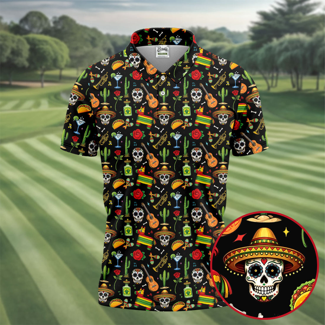 Decorated Skulls Party Items Cinco De Mayo Celebration Fiesta Themed Black Golf Shirts For Men