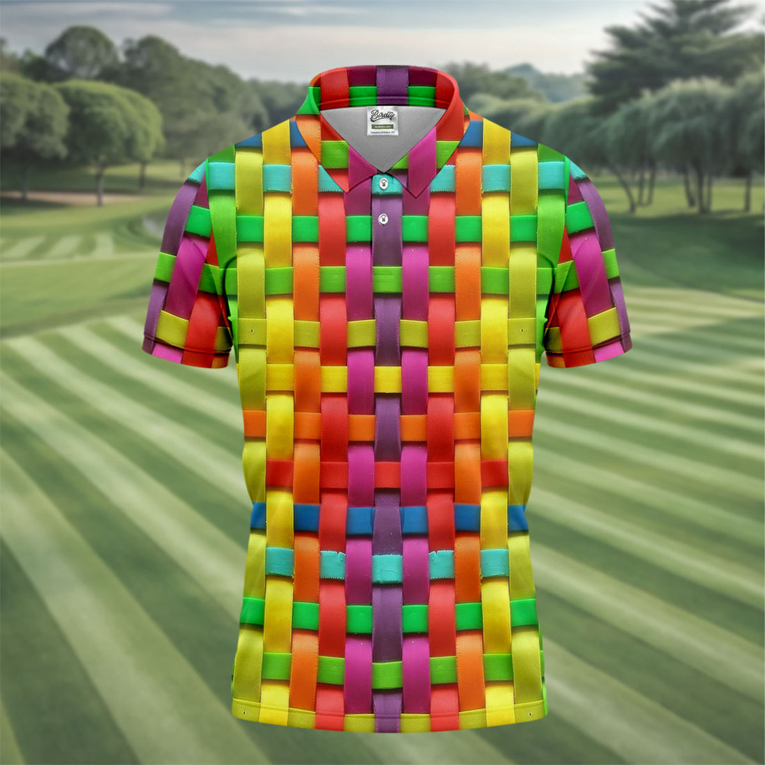 Colorful Interlaced Ribbon Pattern Hawaiian Golf Polo, Golf Tops For Men, Golfing Apparel