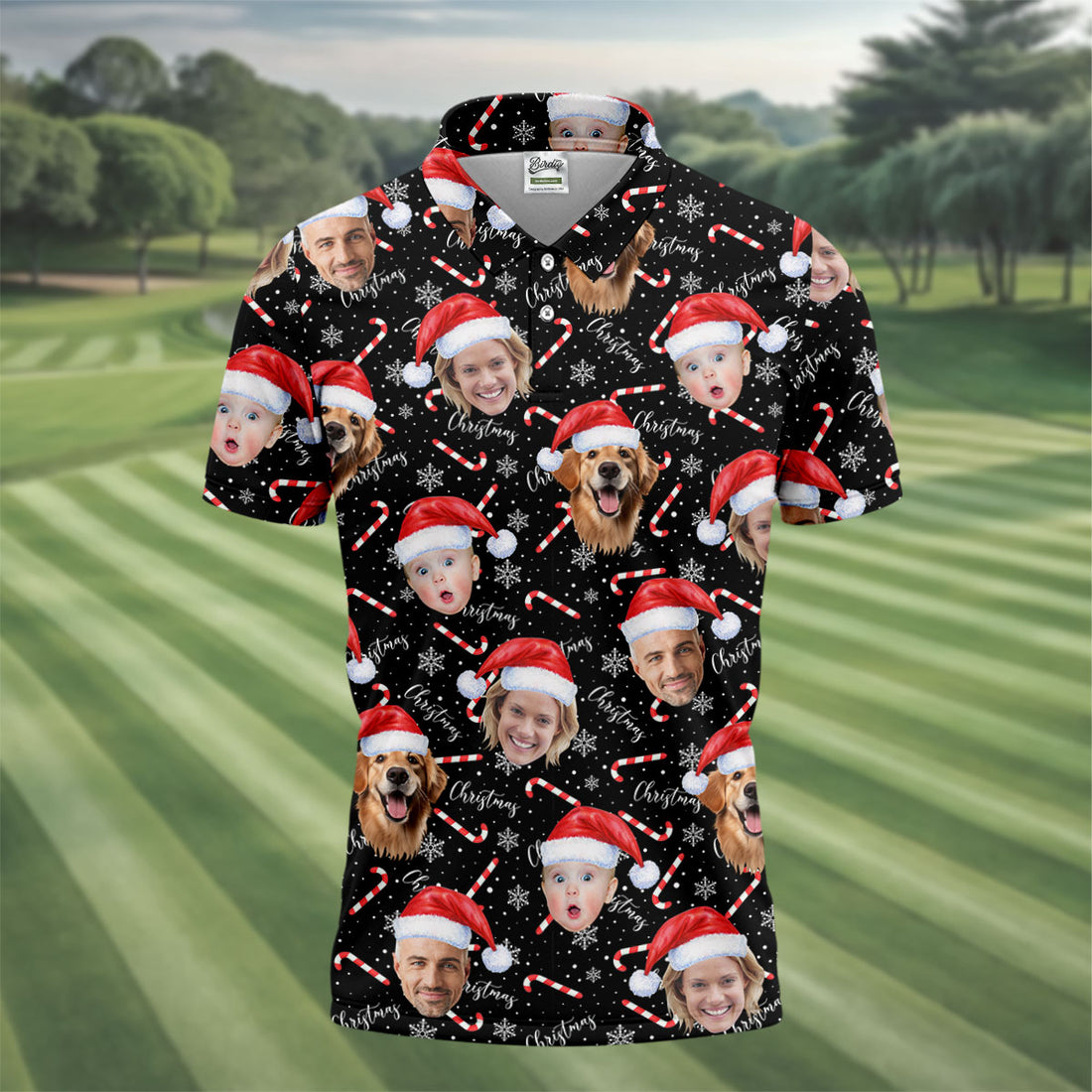 Custom Face Candy Cane Christmas Black Golf Shirt, Christmas Golf Shirt, Golf Gift For Men, Golf Shirts For Men