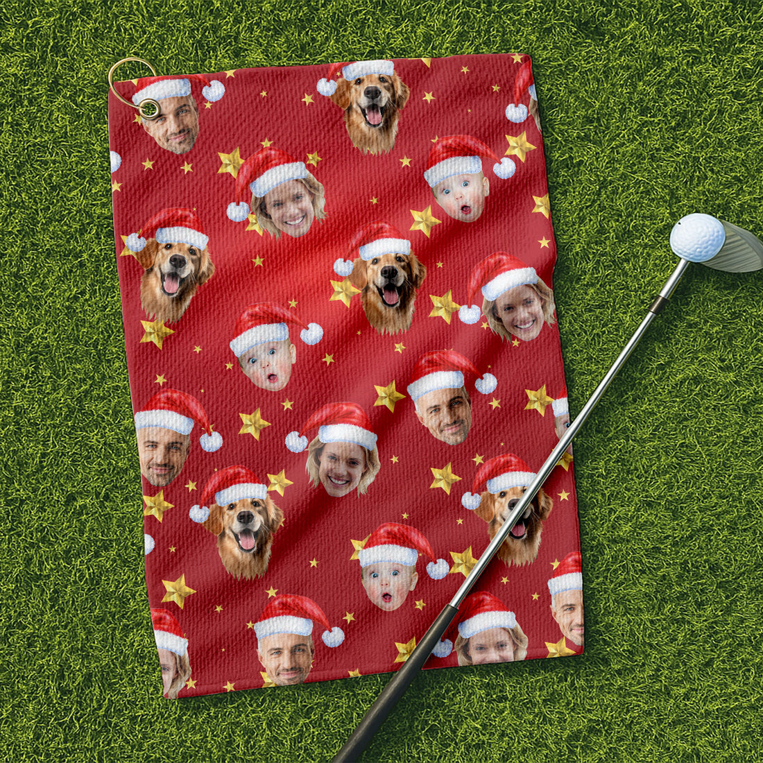 Custom Face Xmas Star Red Golf Towels, Christmas Golf Gift, Custom Golf Accessories