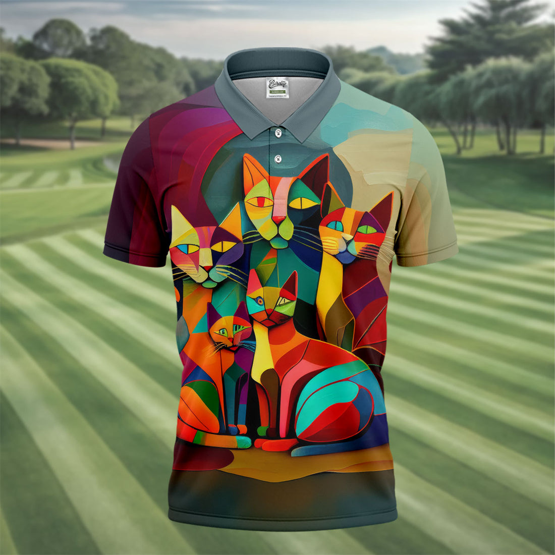 Abstract Colorful Cat Halloween Golf Polo Shirt, Men's Golf Shirt, Hawaiian Golf Shirt
