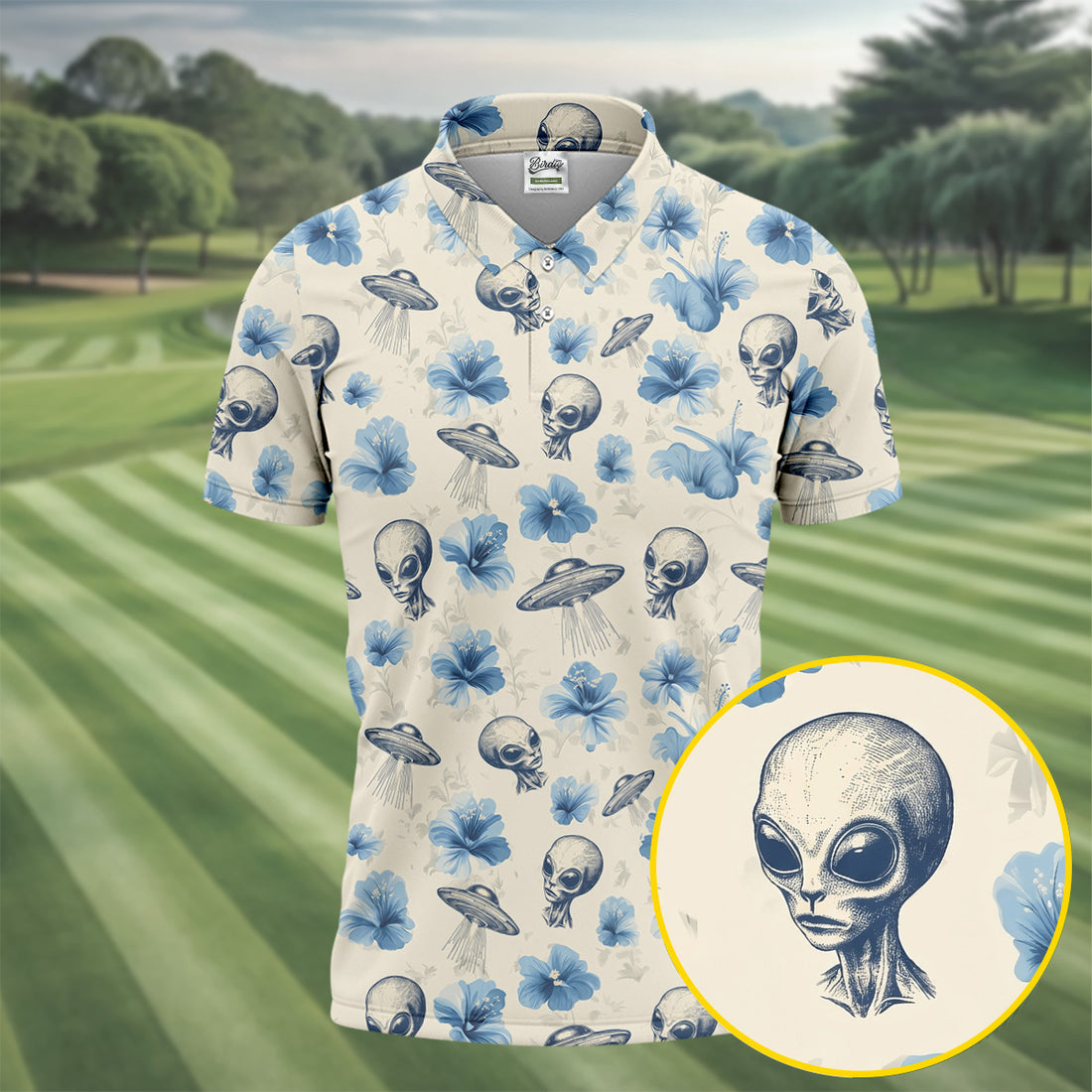 Funny Alien Blue Hibicus Tropical Theme Hawaiian Golf Shirt, Polo Shirts For Men, Golfing Apparel