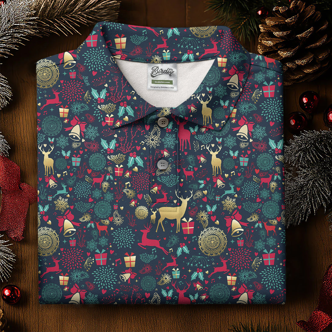 Vintage Reindeer Bell Dark Navy Christmas Golf Tops For Women, Gift Christmas Golf Shirt Polos, Ladies Golf Apparel