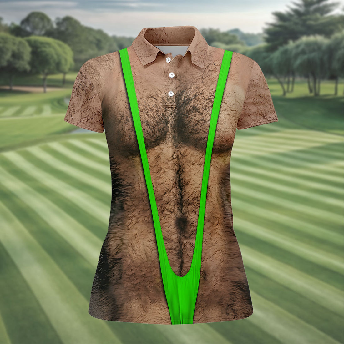 Funny Hairy Chest Green Suspender Golf Shirt, Funny Golf Shirt, Women's Golf Tops, Ladies Golf Shirts (Copy)