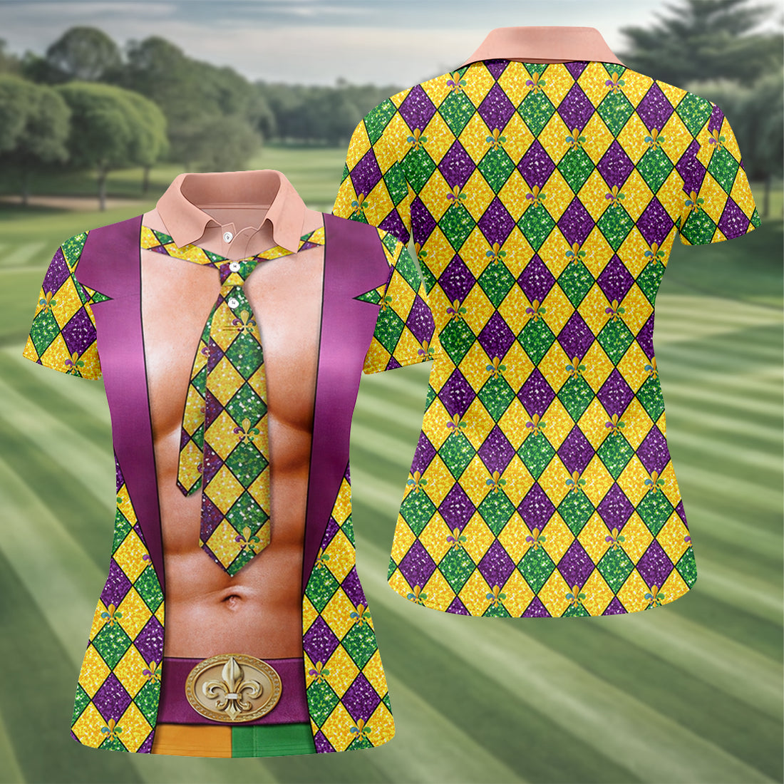 Green Purple Gold Argyle Pattern Fun Suit Mardi Gras Print Golf Shirt, Fun Women's Golf Shirts, Ladies Golf Polos