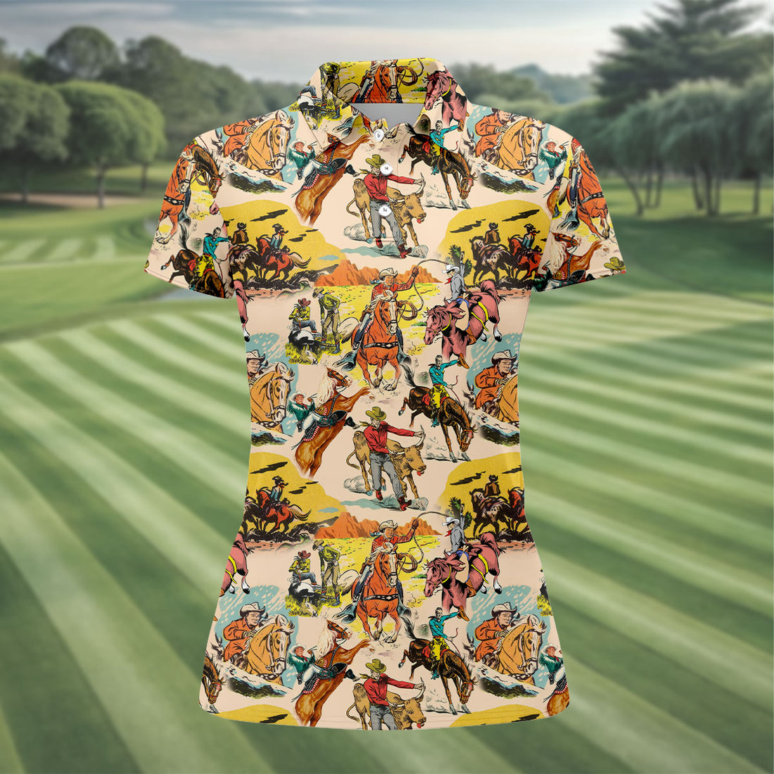 Vintage Western Cowboy Horse Riding Golf Shirt, Ladies Golf Shirts, Women's Golf Tops