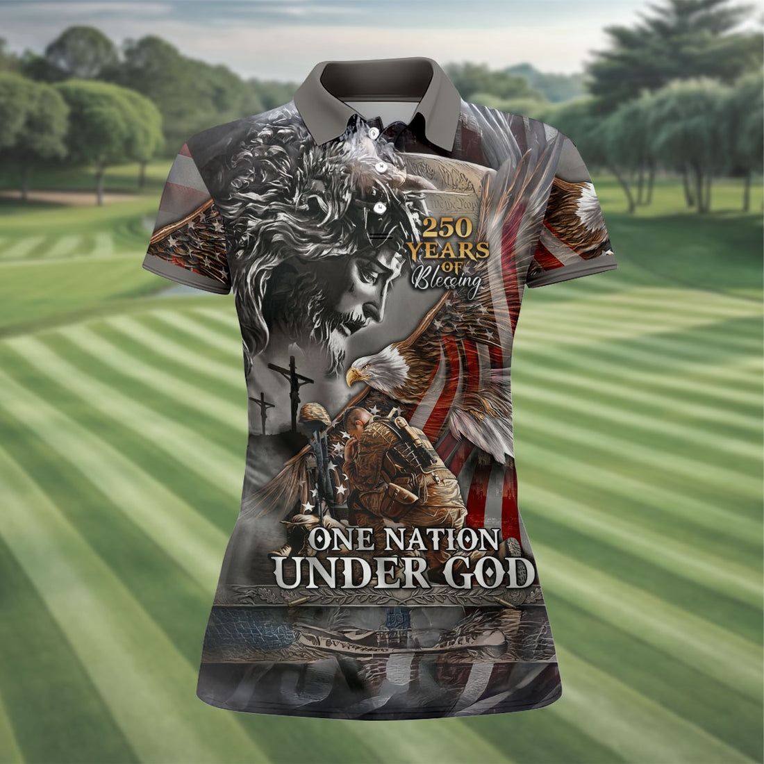 One Nation Under God 250 Years Of Blessing Jesus Eagle Patriotic Golf Shirt American Flag Christian USA 250th Anniversary Gift For Women