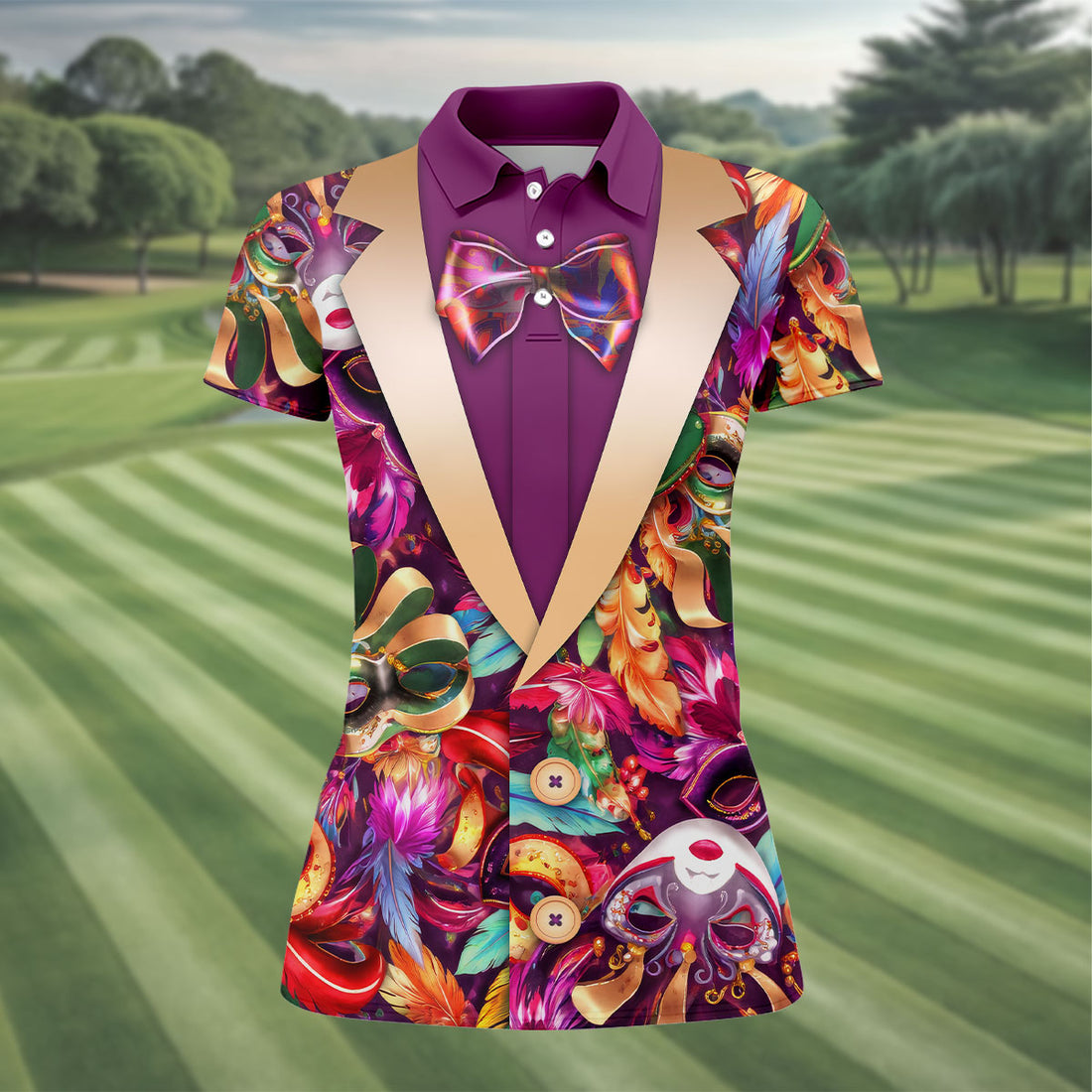 Colorful Mardi Gras Suit Print Fun Women's Golf Shirts, Women's Golf Tops, Ladies Golf Polos