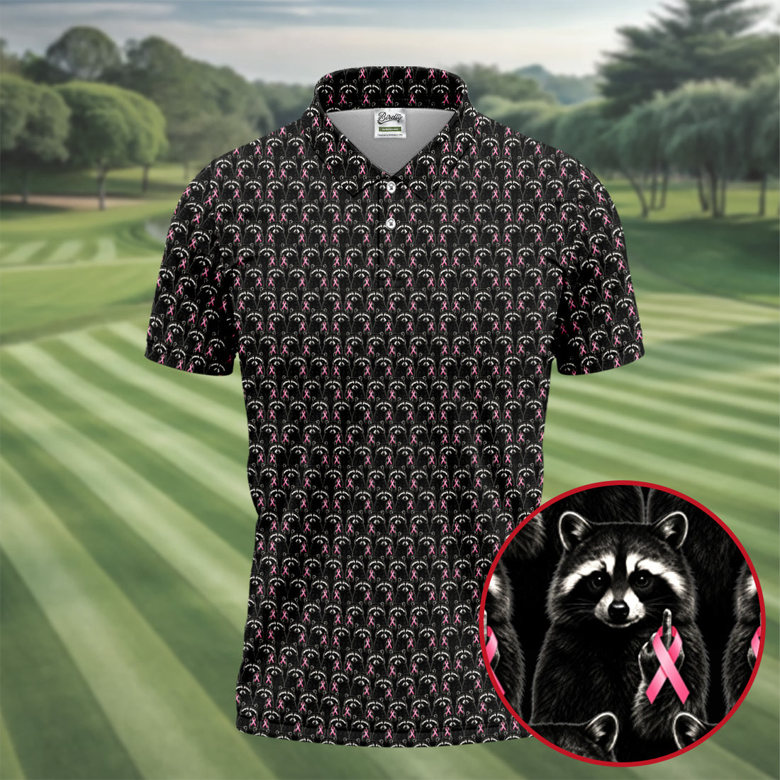 Funny Rude Pink Raccoon Breast Cancer Polo Shirt, Mens Golf Shirts, Mens Polo Shirts