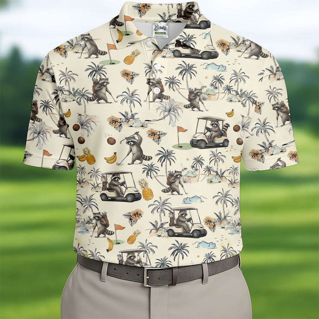 Funny Raccoon Golf Cart Tropical Pattern Polo Shirt, Mens Golf Polo, Golf Apparel For Men