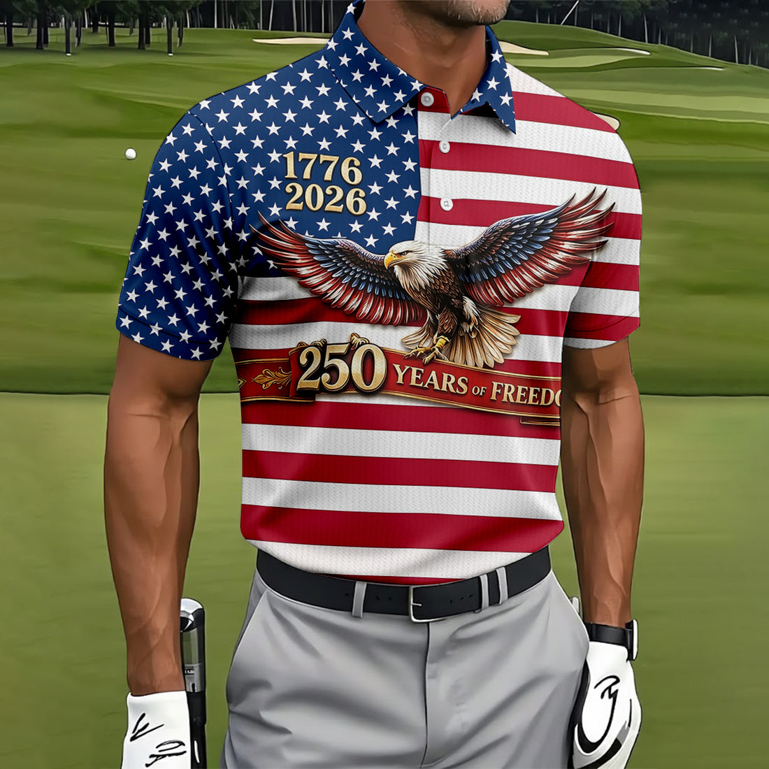 American Flag Bald Eagle Men's 250 Years USA Patriotic Golf Shirt, 4th of July Golf Shirt