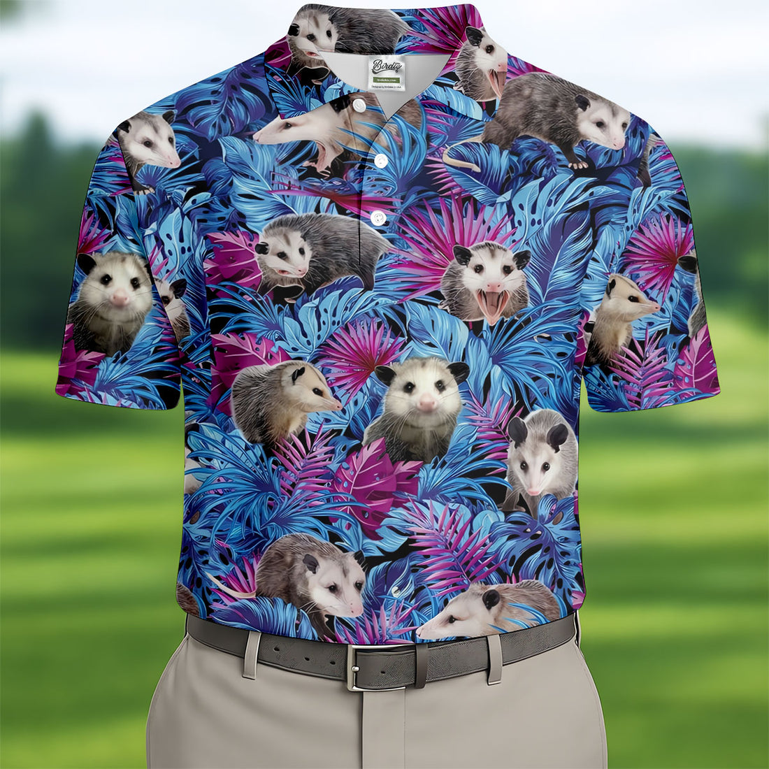 Funny Opossum Blue Purple Hawaiian Golf Shirt, Tropical Theme Golf Shirts For Men