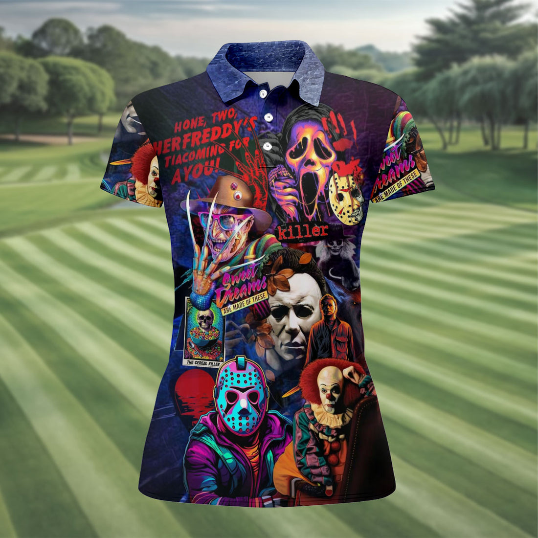 Vintage Horror Character Movie Villain Collage Halloween Shirt, Womens Golf Polo, Ladies Golf Shirts