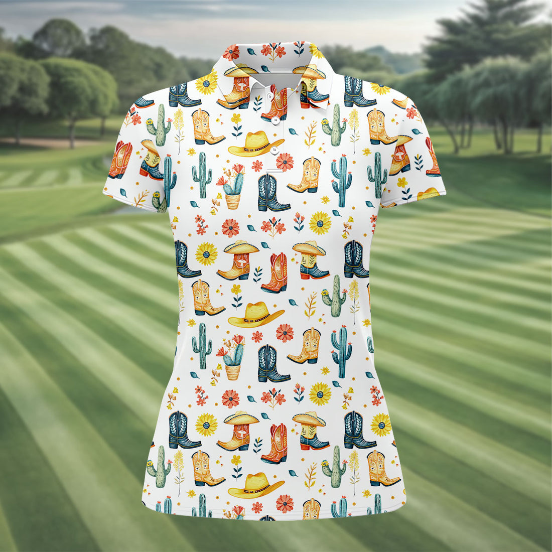 Cowboy Boots Pattern Hawaiian Golf Shirt, Wild Western Women's Golf Tops, Ladies Golf Shirts