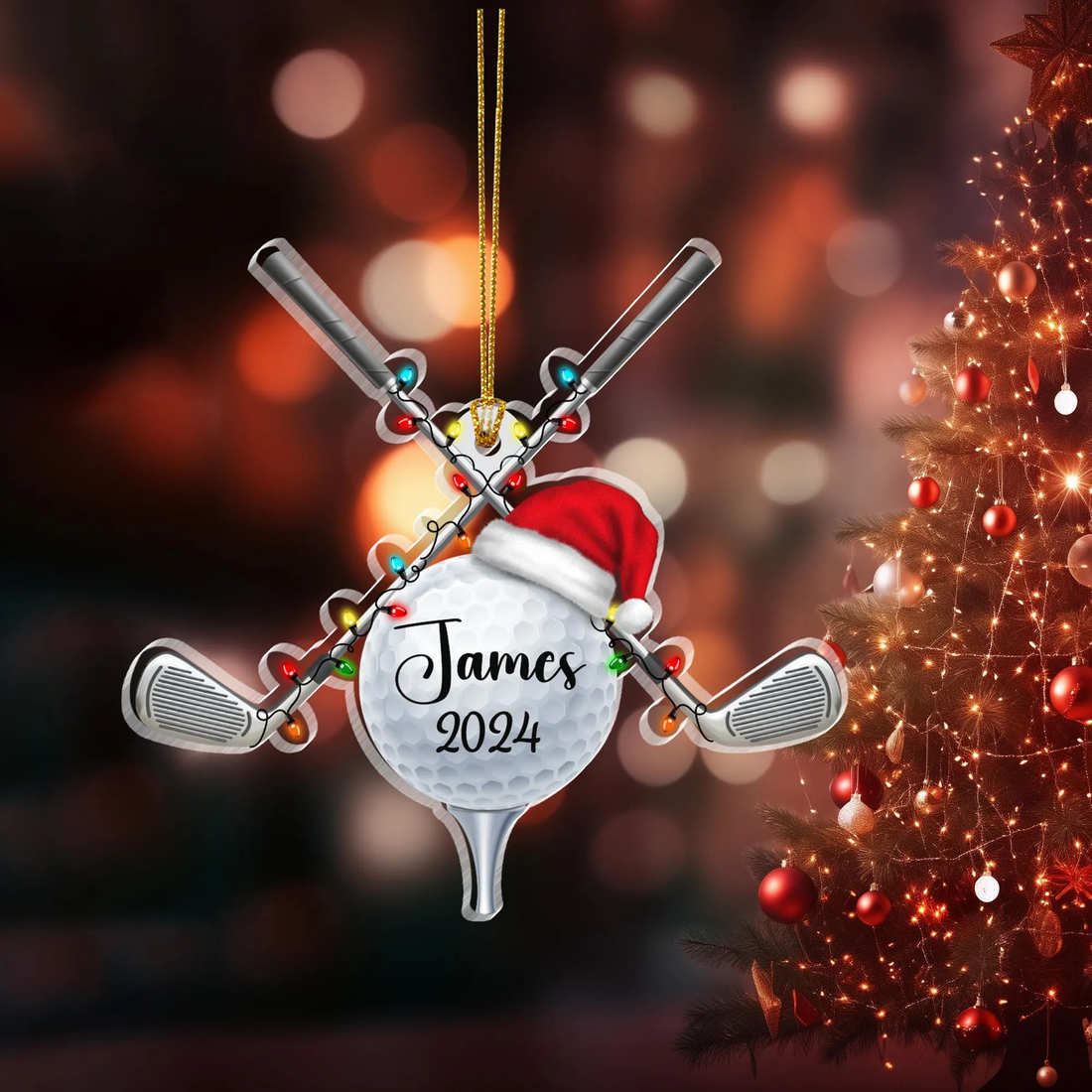 Golf Ball Christmas Ornament With Santa Hat, Golfer Ornament, Acrylic Ornament, Christmas Gift Ideas