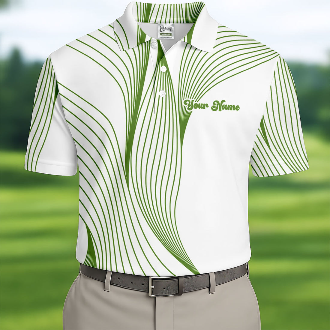 Geometric Line Wavy Line Green And White Custom Name Golf Shirts For Men, Men's Golf Shirt, Polo Shirts For Men