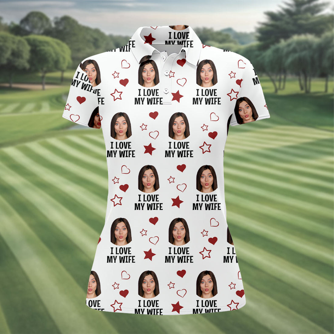 I Love My Husband Custom Face White Golf Shirt, Fun Women's Golf Shirts, Valentines Golf Gift, Ladies Golf Shirts