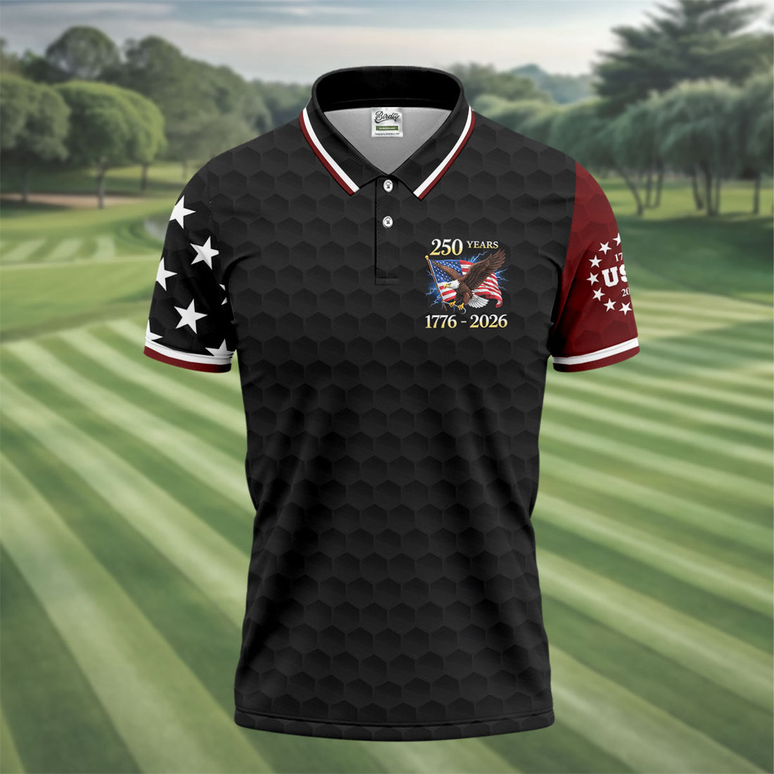 250 Years Bald Eagle US Flag Golf Shirt, Patriotic 4th Of July Golf Ball Pattern Golf Shirts For Men