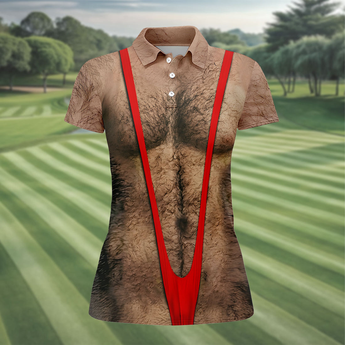 Funny Hairy Chest Red Suspender Golf Shirt, Funny Golf Shirt, Women's Golf Tops, Ladies Golf Shirts