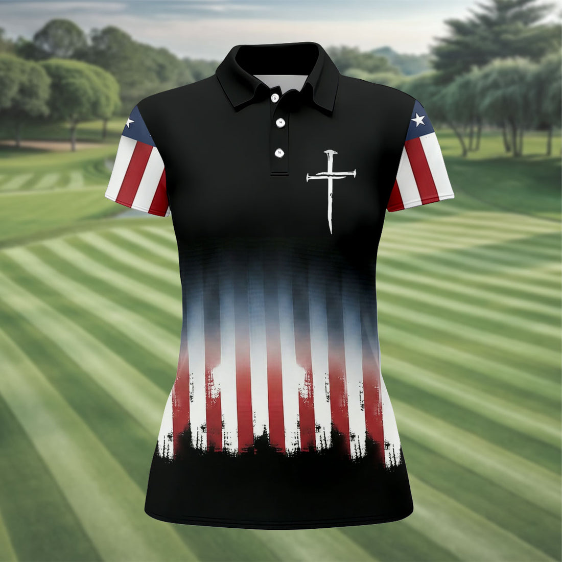 250 Years USA Anniversary 1776-2026 Ladies Golf Tops, Faith Cross Patriotic 4th Of July Golf Shirt For Women