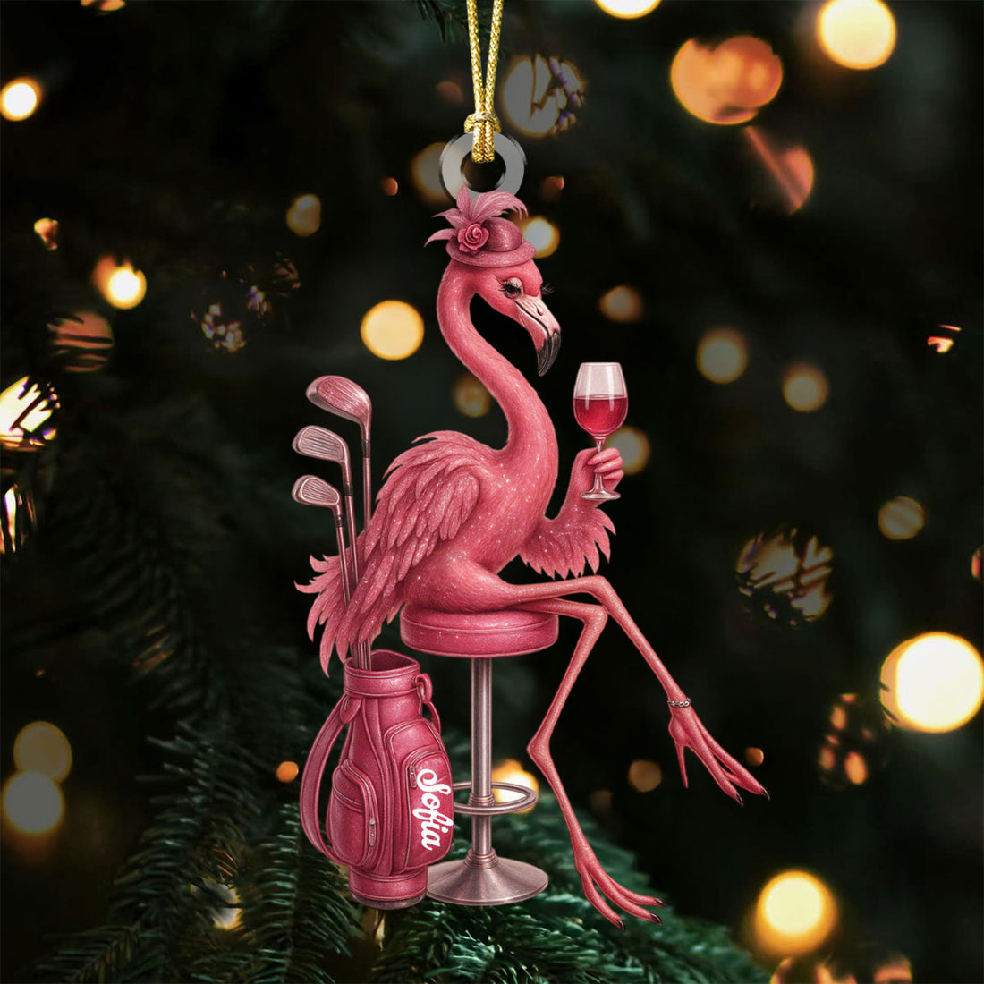 The Pink Flamingo Golf And Wine Acrylic Ornaments, Golf Christmas Gifts, Golf Ornaments