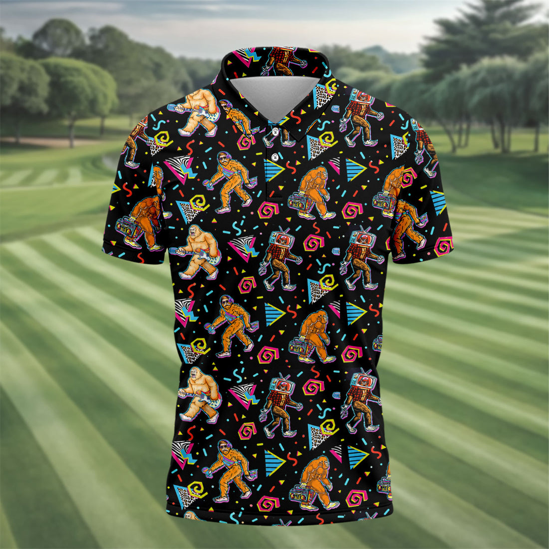 Retro Bigfoot Boombox Pattern Golf Shirt, Men's Golf Shirt, Mens Polo Shirts, Printed Golf Shirts