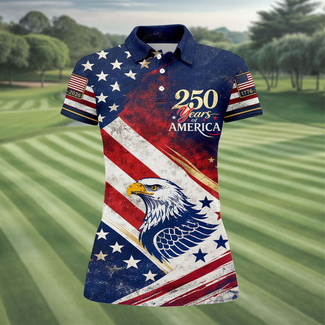 250 Years Of America Golf Shirt, Patriotic Eagle Women's Polo Shirt, USA 250th Anniversary Golf Apparel