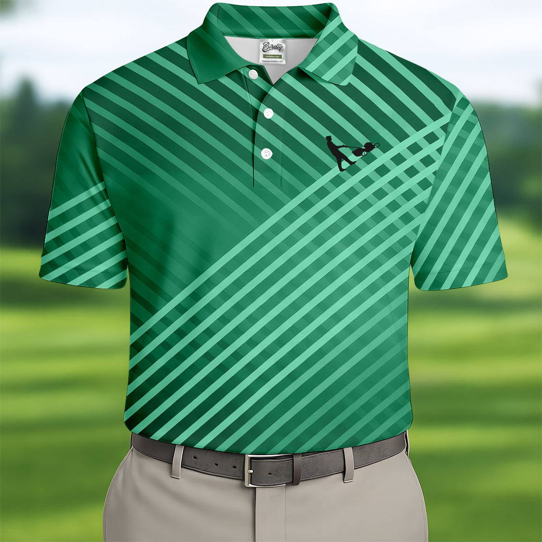 Green And White Striped Pattern Golf Tops For Men, Performance Golf Shirt, Polo Shirts For Men